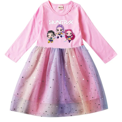 Girls' K-Pop Demon Hunters "Star Sparkle" Long Sleeve Tutu Dress: Rainbow Tulle Princess Gown