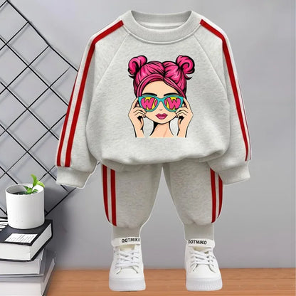2026 Spring New Style Children's Tracksuit Printed Kids O Neck Hoodies and Long Pant Two Piece Girls Casual Sweatshirts Sets