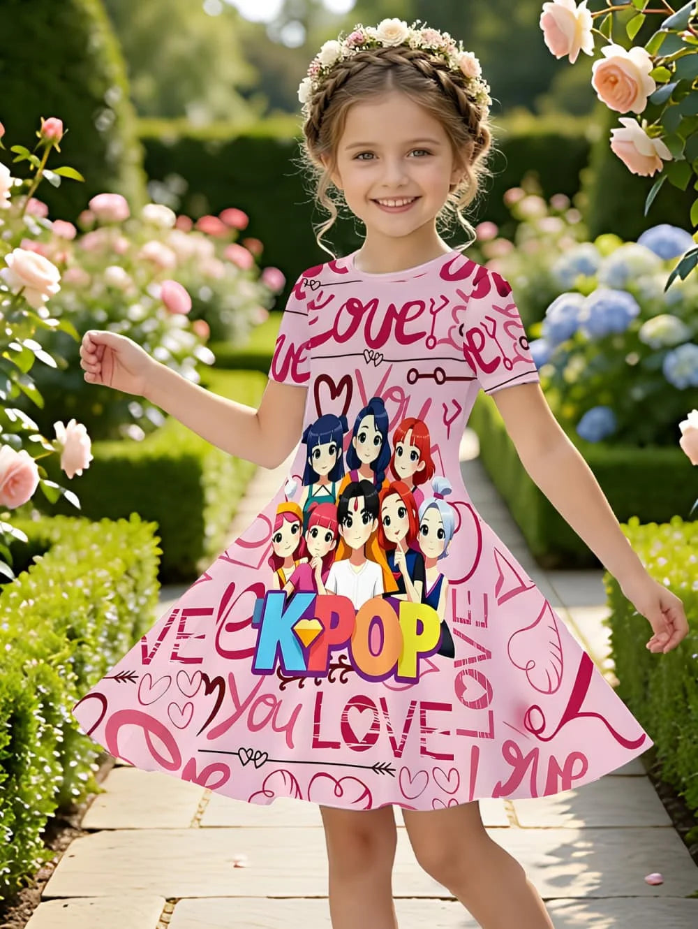 Girls' K-Pop "Anime Star" Summer Dress: Harajuku Style Short Sleeve A-Line Gown