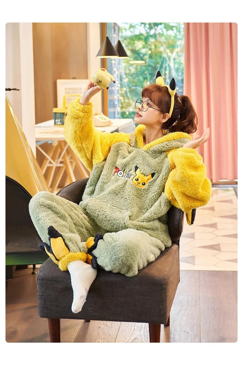 Pokemon Anime Pikachu Pajamas Hooded Women Cartoon Thickened Winter Plush Kawaii Nightgown Suit Two Home Clothing Christmas Gift