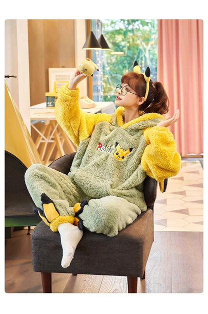 Pokemon Anime Pikachu Pajamas Hooded Women Cartoon Thickened Winter Plush Kawaii Nightgown Suit Two Home Clothing Christmas Gift