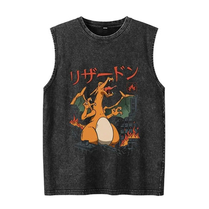 Anime Pokemon Print Men's Tank Top Man Sleeveless Shirt Summer Y2k Clothes Vintage Washed Vest Oversized T Shirts Gym Clothes