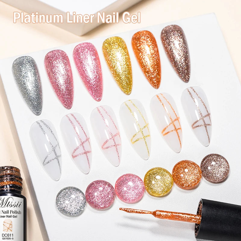 2/3/4/6pcs Platinum Glitter Liner Gel Nail Polish Set Gold Silver Sparkle Pull Line Gel Graffiti Painting Stripe DIY French Nail