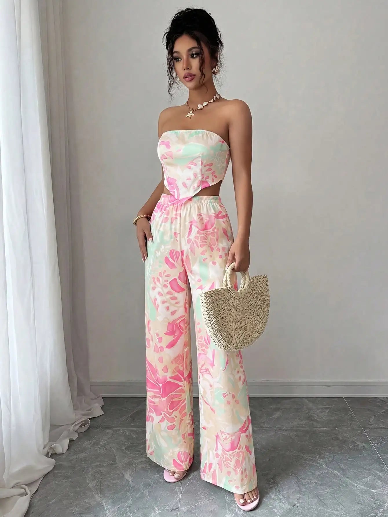 2pcs Set Halter Tie Bow Crop Top And Wide Leg Printed Pants For Women