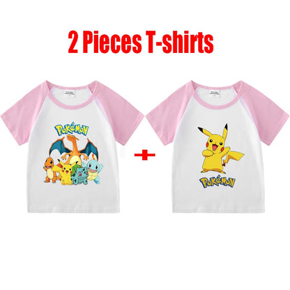 1/2 Pieces Pokemon Cartoon Tees For Boys Clothing Summer Children 100% cotton Short Sleeve T-shirts Printed T-shirt for girls