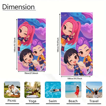 1pc Cute Chibi Girls Beach Towel Pink Purple Cartoon Quick Dry Microfiber Bath Towel for Swimming Surfing Camping Unisex Holiday