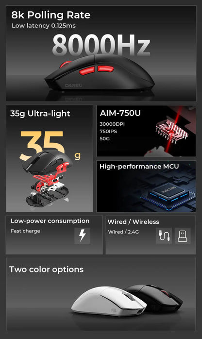 DAREU Tri-mode Wireless 8Khz Gaming Mouse 2.4G Wired 35g Lightweight 30000 DPI AIM-750 Sensor Macro Gamer Mouse Accessories