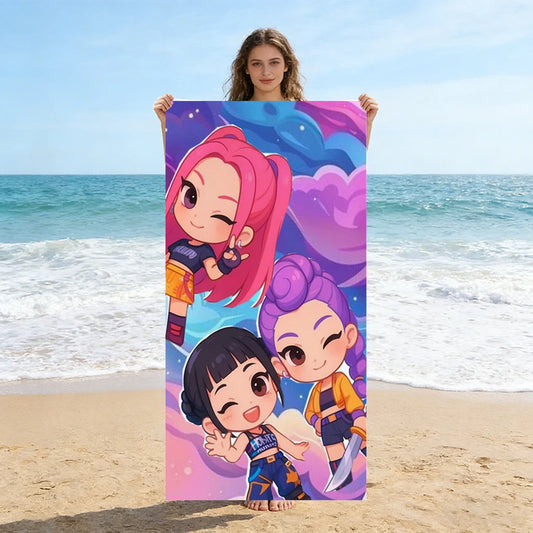 1pc Cute Chibi Girls Beach Towel Pink Purple Cartoon Quick Dry Microfiber Bath Towel for Swimming Surfing Camping Unisex Holiday