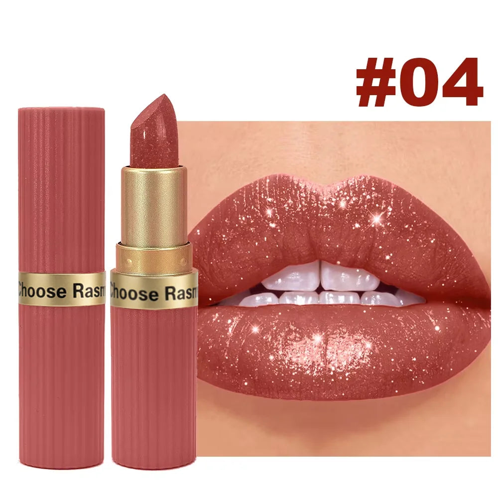 Pearlescent Pink Glitter Velvet Lipstick Metallic Waterproof Long Lasting Matte Shimmer Diamond Lipstick Women Makeup Cosmetic