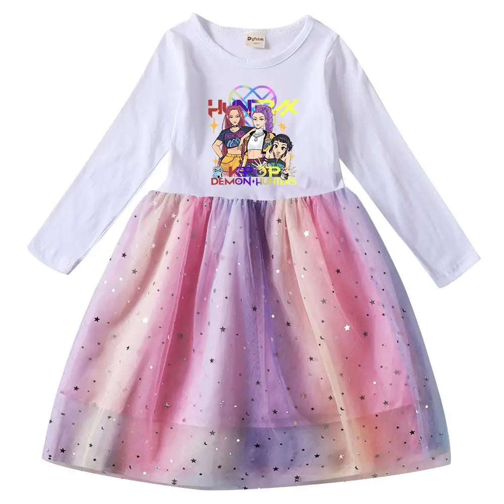 Girls' K-Pop Demon Hunters "Star Sparkle" Long Sleeve Tutu Dress: Rainbow Tulle Princess Gown