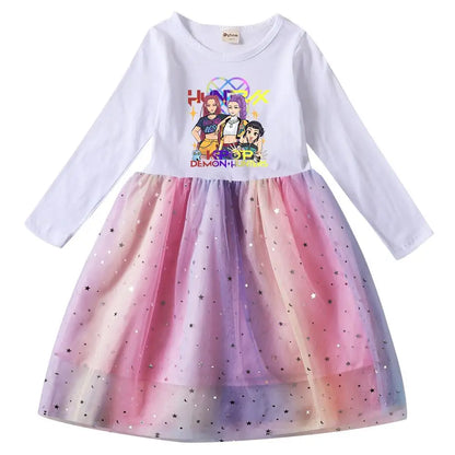 Girls' K-Pop Demon Hunters "Star Sparkle" Long Sleeve Tutu Dress: Rainbow Tulle Princess Gown