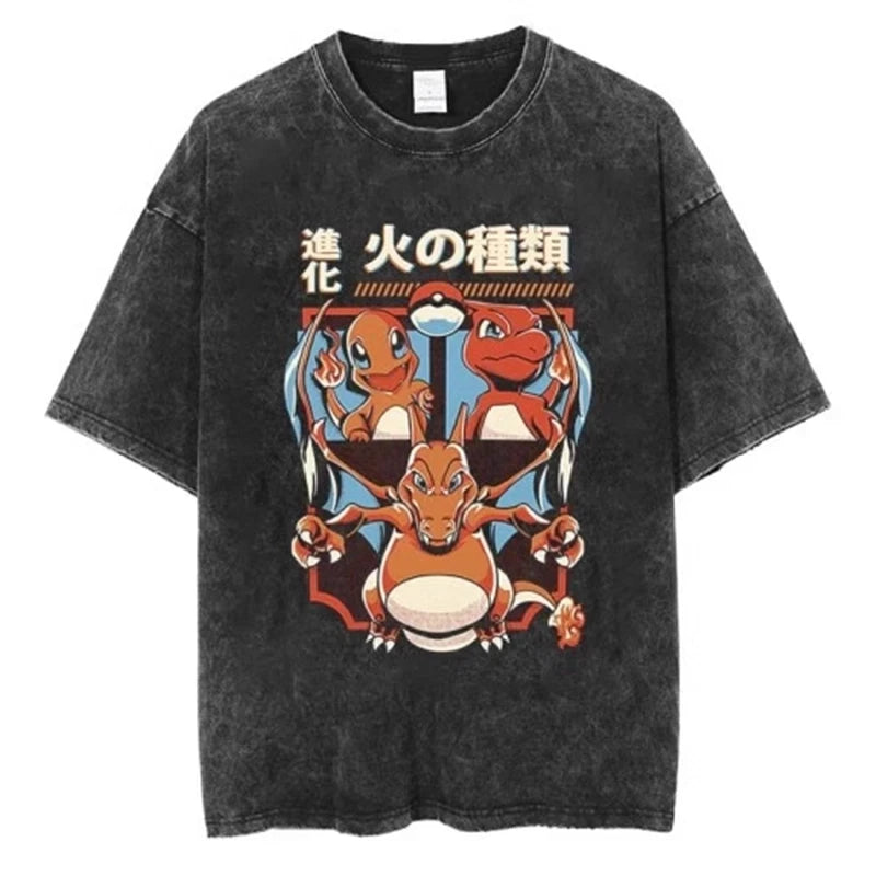 Pokemon Anime Retro Washed T-shirt Cotton Men's and Women's Summer New Item Plus Size T-shirt Y2K Loose Casual Short Sleeved Top
