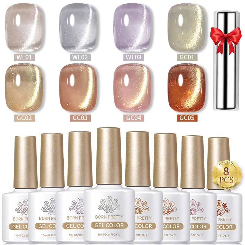 BORN PRETTY 8Pcs Glitter Cat Magnetic Nail Gel Polish Set Moonlight Transparent Summer Semi Permanent UV Gel Soak Off Nail Gel