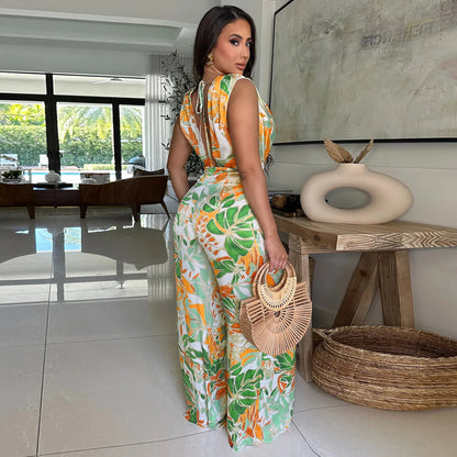 Summer Women 2025 Outfits Beach Jumpsuit Cover Up For Female Swim Swimsuit Sexy Tunic Sleeveless Lace Up Wide Leg Printed Romper