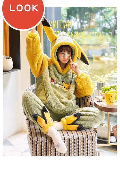 Pokemon Anime Pikachu Pajamas Hooded Women Cartoon Thickened Winter Plush Kawaii Nightgown Suit Two Home Clothing Christmas Gift