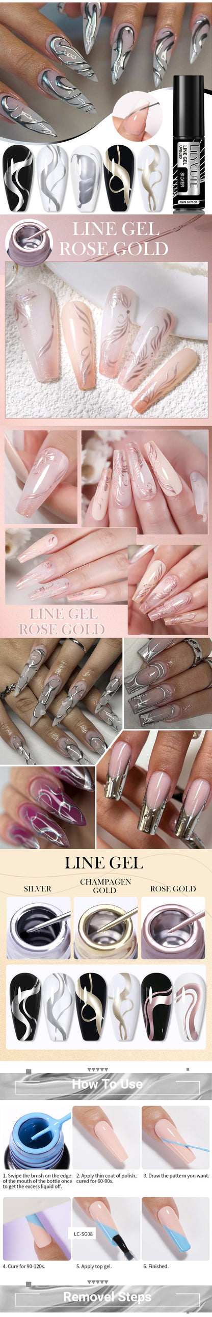 LILYCUTE 5ml Super Bright Silver Metallic Painting Liner Gel Nail Polish Drawing Stripe Graffiti Mirror Pull Line UV Gel Varnish