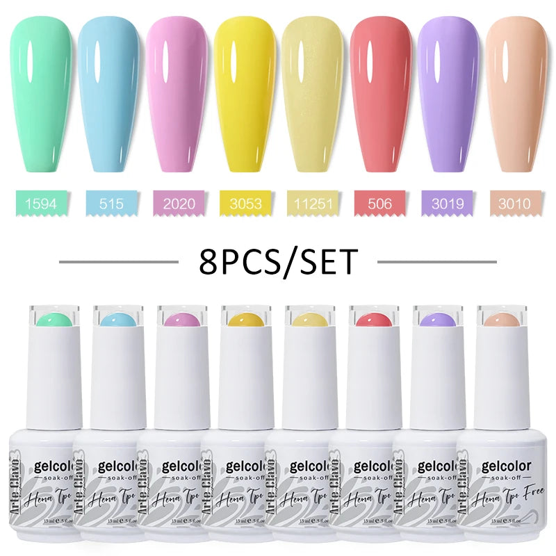 Arte Clavo 8Pcs/Set Gel Nail Polish Set 15ml Colorful Semi Permanent For Manicure Varnish Soak Off UV LED Nail Art Gel Kits