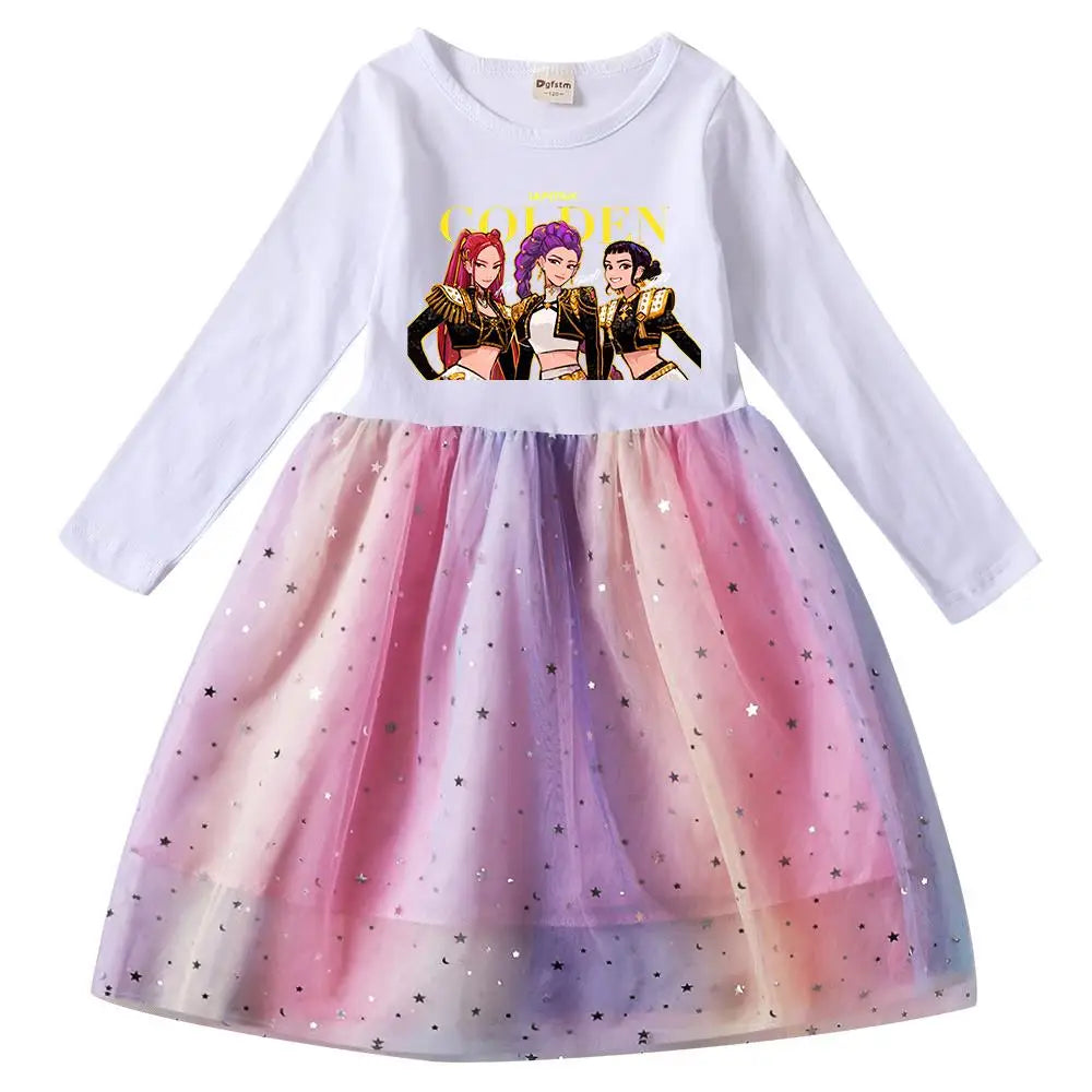 Girls' K-Pop Demon Hunters "Star Sparkle" Long Sleeve Tutu Dress: Rainbow Tulle Princess Gown