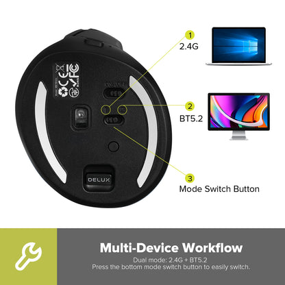 Delux M618 Mini Ergonomic Mouse Gaming Wireless Vertical Mouse Bluetooth 2.4GHz Rechargeable 4000dpi Silent Mice for Office