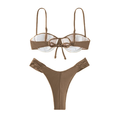 Classics Basics Women Swim Bikini Suit, Solid Color Pleated Sleeveless Bra+ Shorts Briefs Swimwear Swimsuit