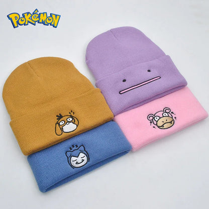 Pokemon Snorlax Ditto Psyduck Beanies Women Winter Warm Hat Anime Solid Color Funny Embroidery Cap For Men Knitted Bonnet Unisex