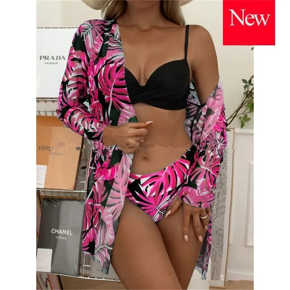 Three Pieces Bikini Set Cover Up Women 2023 New Push Up Twist Swimsuit Print Long Sleeve Swimwear Biquini Bathing Suit Summer