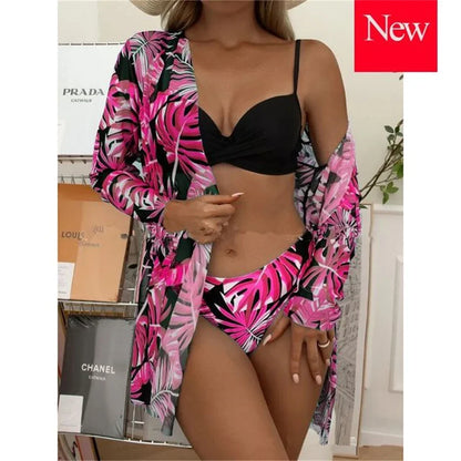 Three Pieces Bikini Set Cover Up Women 2023 New Push Up Twist Swimsuit Print Long Sleeve Swimwear Biquini Bathing Suit Summer