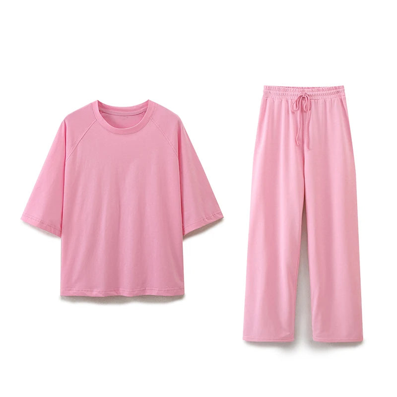 Willshela Women Fashion 2 Piece Set Solid T-Shirts & Vintage High Elastic Waist Trousers Feamle Chic Lady Pants Sets