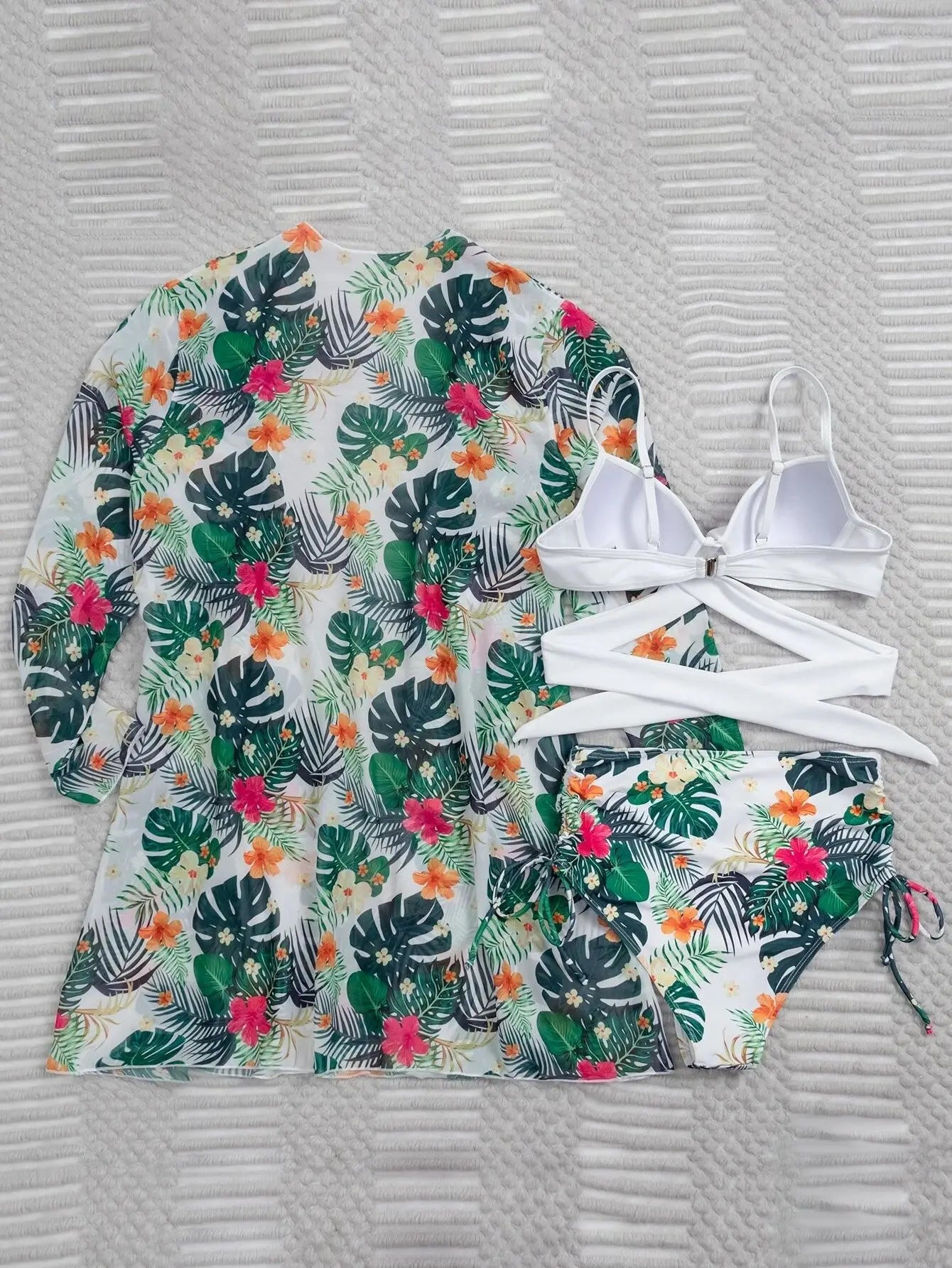 Three Pieces Bikini Set Cover Up Women 2023 New Push Up Twist Swimsuit Print Long Sleeve Swimwear Biquini Bathing Suit Summer