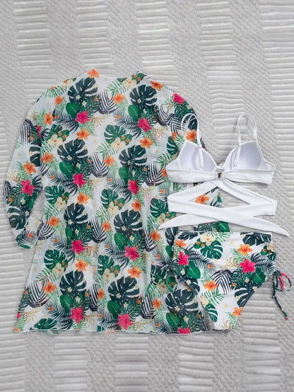 Three Pieces Bikini Set Cover Up Women 2023 New Push Up Twist Swimsuit Print Long Sleeve Swimwear Biquini Bathing Suit Summer