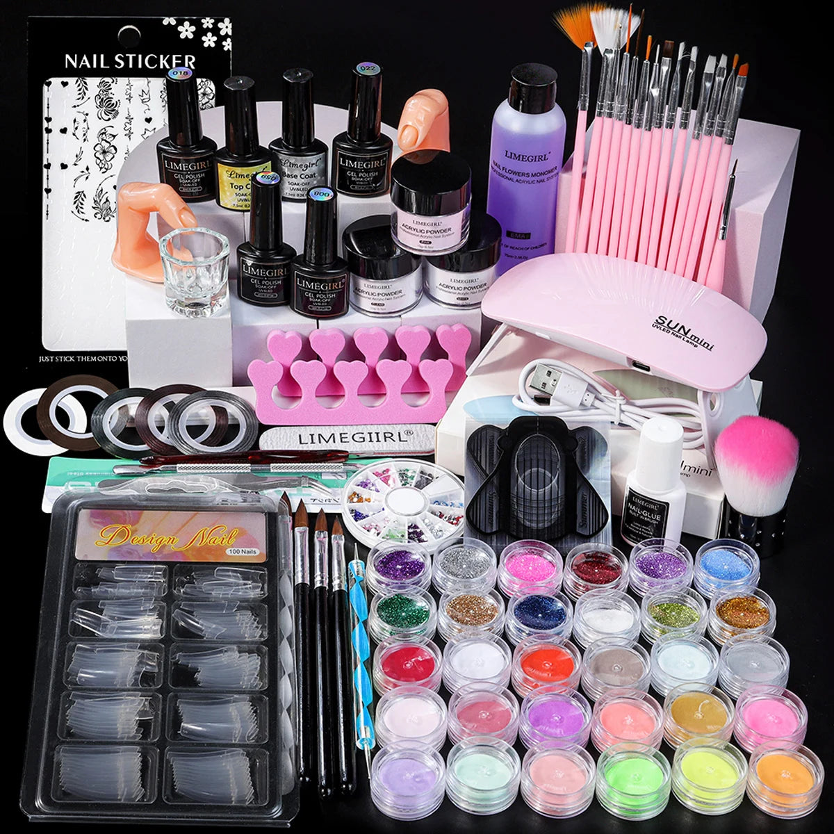 LIMEGIRL Acrylic Powder Kit and Liquid Monomer Nail Kit 3D Art Nail Extension Decoration with UV LED Light Crystal Powder Kit