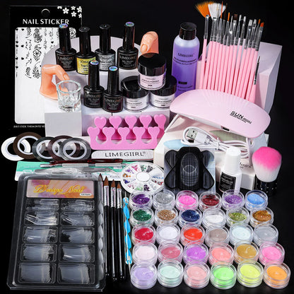 LIMEGIRL Acrylic Powder Kit and Liquid Monomer Nail Kit 3D Art Nail Extension Decoration with UV LED Light Crystal Powder Kit