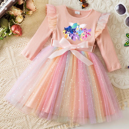 My Little Ponys Colorful Princess Dress for Kids Girls Casual Long Sleeve Sequin Mesh Dresses Party Gift 1-5Y