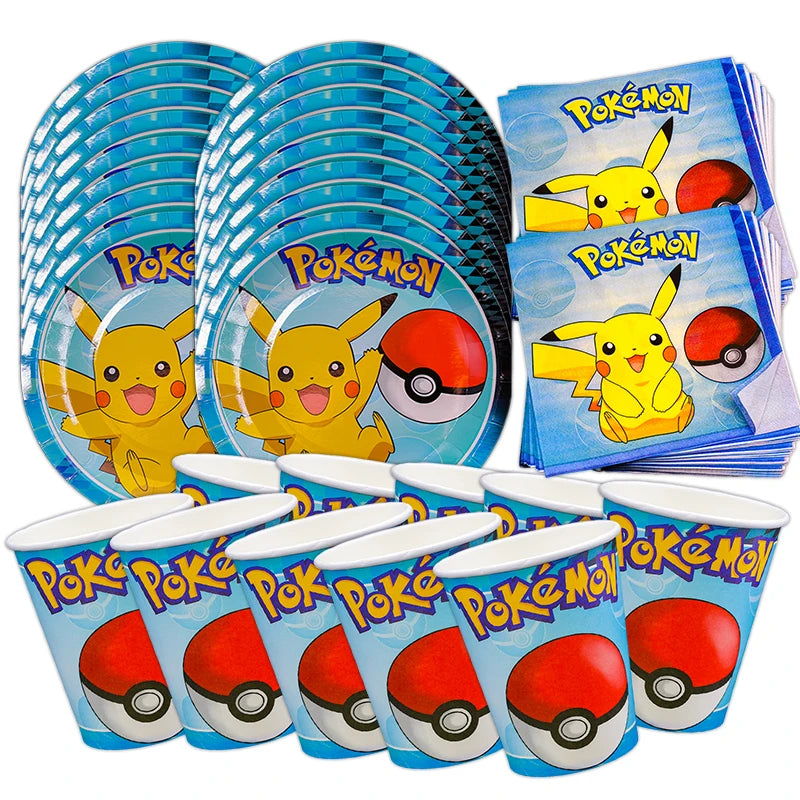 60pcs Pokemon Tableware Pikachu Birthday Decoration Disposable Cups Plates Napkins Happy Birthday Baby Shower Supplies Toys ﻿