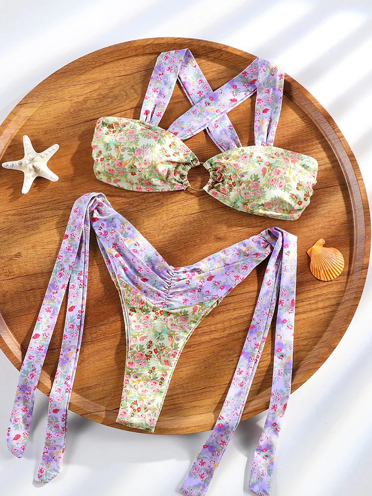 ZRTAK Triangle Bikini Set Sexy Swimwear Women 2026 Bikinis Floral Print Swimsuit Micro Thong Bandage Bathing Suits