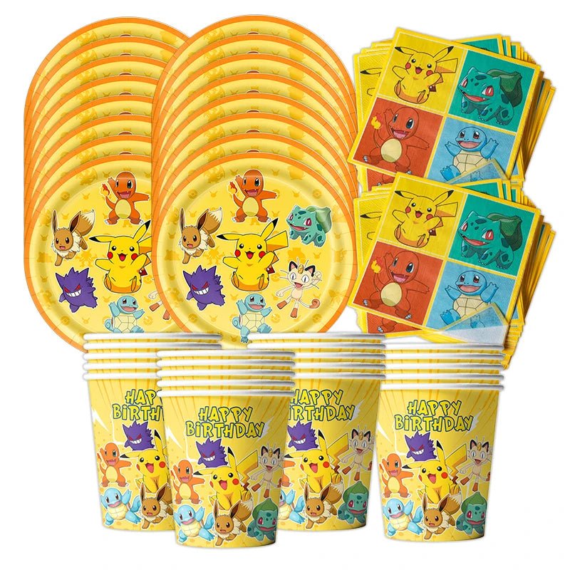 60pcs Pokemon Tableware Pikachu Birthday Decoration Disposable Cups Plates Napkins Happy Birthday Baby Shower Supplies Toys ﻿