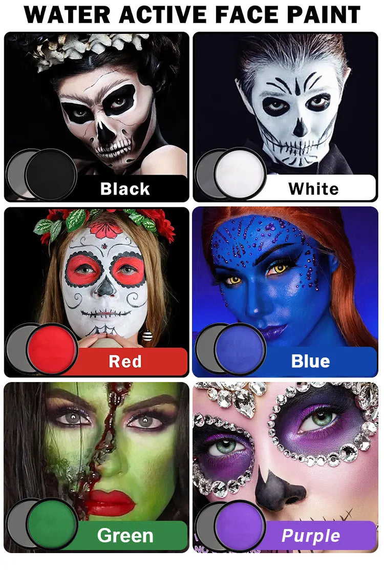 Black White Red 30G Monochromatic Water Solubility Body Makeup Face Paint with Brushes for Halloween Christmas Masquerade Party