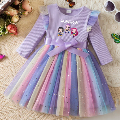 K-Pop Hunters Zoey Mira Rumi Colorful Princess Dress for Kids Girls Casual Long Sleeve Sequin Mesh Dresses Party Gift 1-5Y