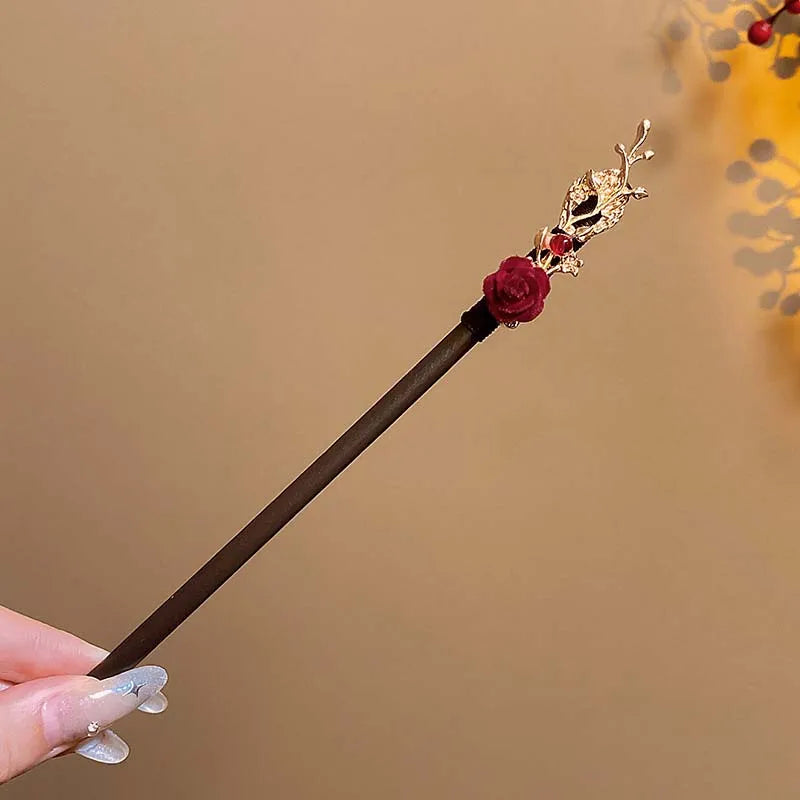 Retro Red Flower Hair Stick.