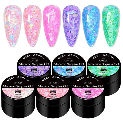 MEET ACROSS 6Pcs/Set 8ml Macaron Glitter Sequins Nail Gel Polish Heart diamond Shaped Nart Art UV Gel Varnish For Manicure
