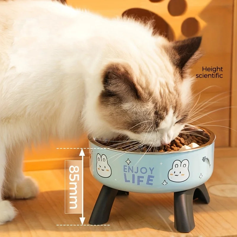 Stainless Steel Non-Slip Pet Bowl with Cute Pattern - Elevated, Spill-Proof Design for Small Dogs&Cats Neck Care Tall Cat Bowl