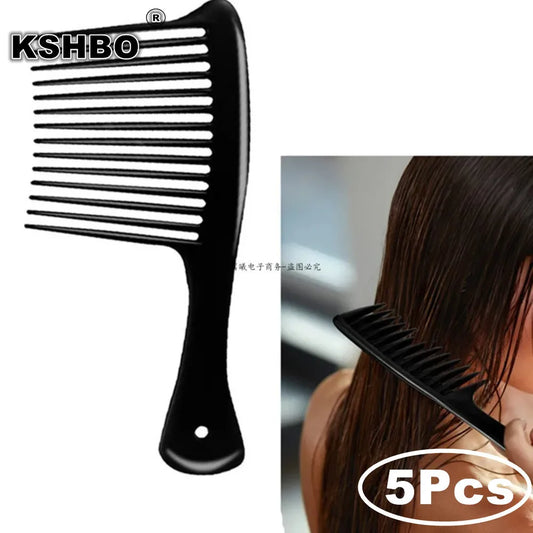5PCS Black Large Wide Tooth Comb with Hook Handle Hair Loss Reduction Detangling Styling Brush for Salon Dyeing Haircare Tools