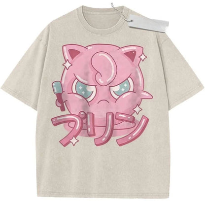 T Shirt Sports T Shirt Short Sleeve T Shirt Rose Red Unisex Pure Cotton Washed Vintage Pokemon Jigglypuff Anime Print