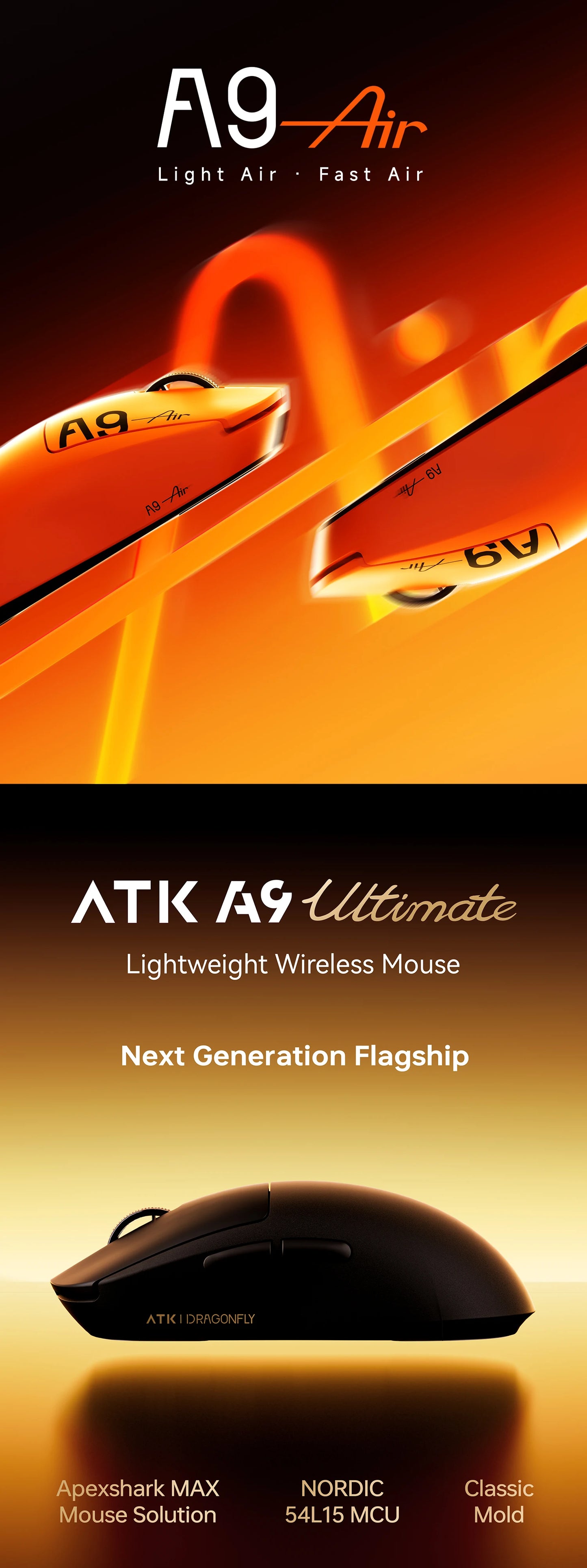 ATK A9 Air Ultimate Wireless Gaming Mouse Tri-Model Dual 8KHz PAW3950UItra 800mAh 42000DPI 750IPS Lightweight Ergonomic E-sports
