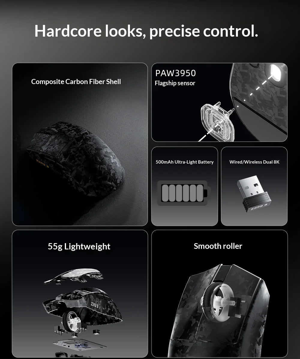 XINMENG ZERO 3 Gaming Mouse PAW3311/PAW3395/PAW3950 E-sport Sensor 1K/8K Polling Rate Carbon Fiber Case 500mAh Battery Wireless