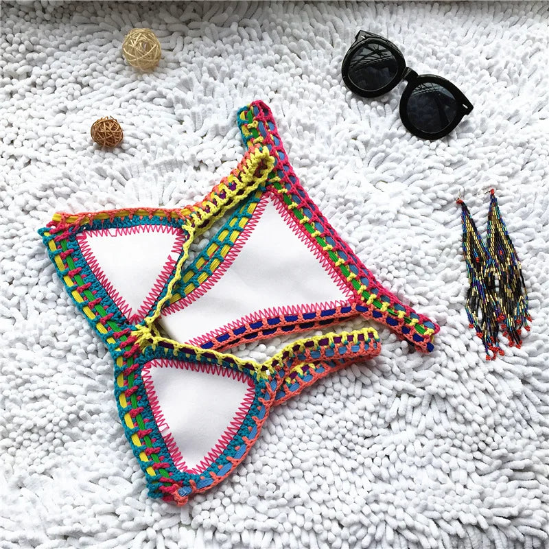 Bikini Crochet 2025 Handmade Knit Patchwork Reversible 2 Piece Swimsuit Women Halter Top Brazilian Bathing Suit Thong Swimwear
