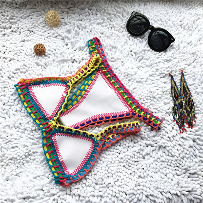 Bikini Crochet 2025 Handmade Knit Patchwork Reversible 2 Piece Swimsuit Women Halter Top Brazilian Bathing Suit Thong Swimwear