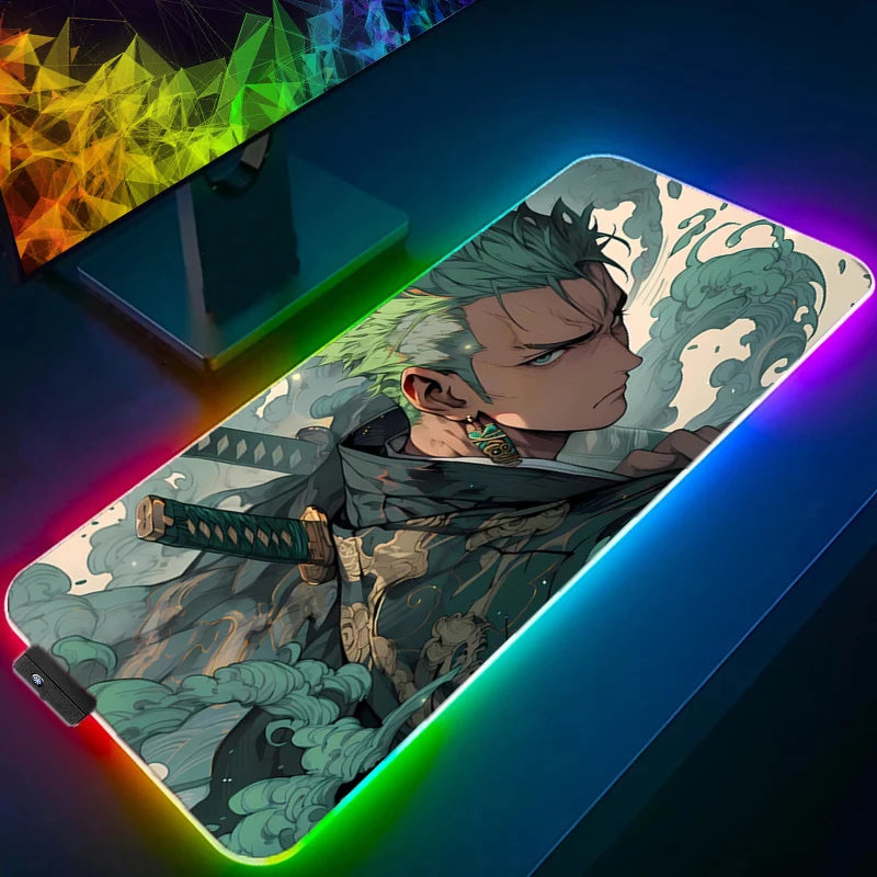 ONE PIECE Zoro RGB Mouse Pad Anime Carpe Large PC Gamer Computer LED Mausepad Keyboard Gaming Accessories Backlight Desk Mat XXL
