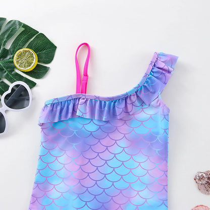 Girls' "Mermaid Heart" One-Piece Swimsuit: Colorful Scale Pattern with Asymmetric Ruffles