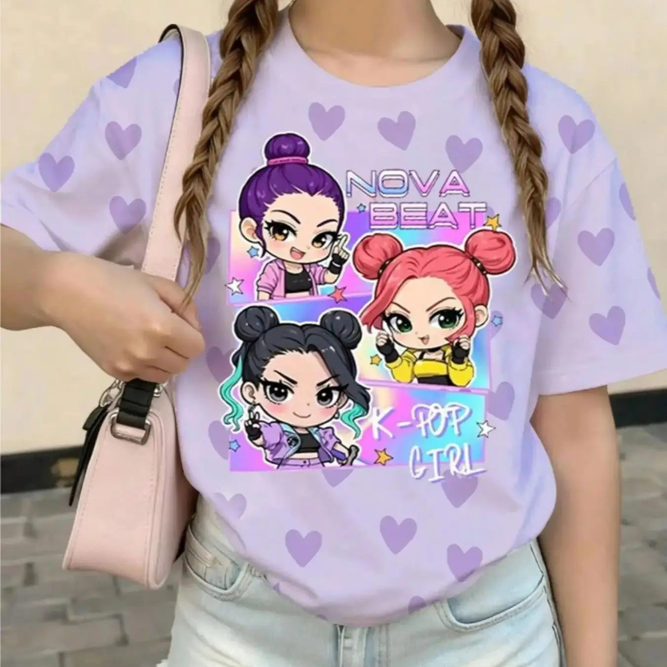 Girls' Nova Beat "Heart Pattern" Graphic Tee: Purple Chibi Idol Summer T-Shirt